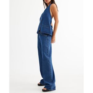 Conjunto de mezclilla Fisoew para mujer: Top sin espalda con botones y jeans de pierna ancha, conjunto de 2 piezas de algodón lavado a la piedra - Product Image 2