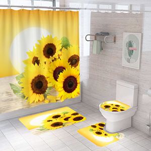 Vendita calda nuovo arrivo girasole bagno tessuto stampa personalizzata antiscivolo tappetino <span class=keywords><strong>da</strong></span> bagno e tenda <span class=keywords><strong>da</strong></span> doccia Set 4 pezzi tenda <span class=keywords><strong>da</strong></span> doccia - Product Image 1