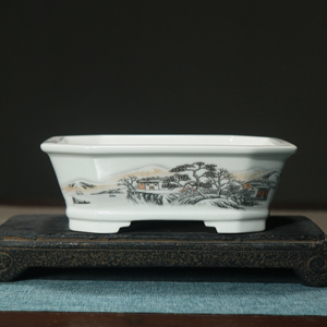 Maceta rectangular de cerámica para bonsái, pintada a mano en azul y blanco, diseño de paisaje de estilo chino para exhibición en escritorio. - Product Image 3