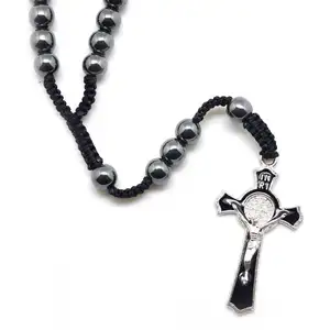 2023 new design black Hematite beads cross rosary necklace, artificial rosary