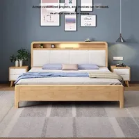 Cama Doble Nórdica con Marco de Roble Macizo y Luz USB, Estructura Resistente Desmontable para Dormitorio de Apartamento Moderno
