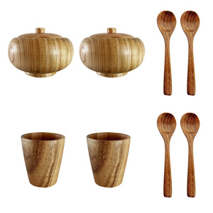 Bols en bois massif avec couvercles, tasses à thé et cuillères, ensemble pour le thé de l'après-midi, utilisation hôtelière, bol de service durable en bois d'acacia, bol à soupe de nouilles - Product Image 1