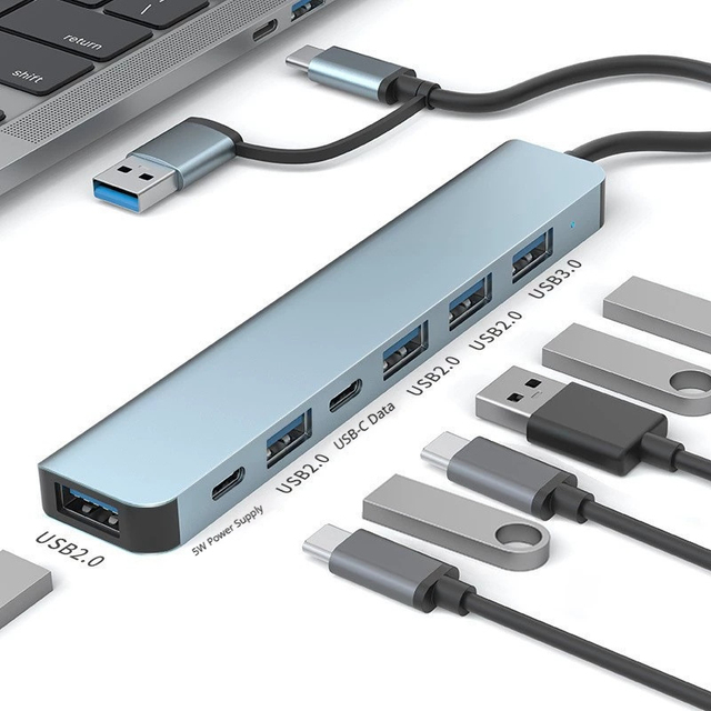 Wholesale 7 in 1 USB C Hub USB-A Adapter Aluminum Multiport USB 3.0 2.0 Splitter Dual Connector Docking Station for Laptop PC