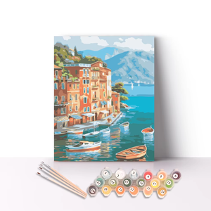 Peinture acrylique de <span class=keywords><strong>paysage</strong></span> de village en bord de <span class=keywords><strong>mer</strong></span> méditerranéen 12x16 pouces, peinture par numéros DIY pour enfants - Product Image 2