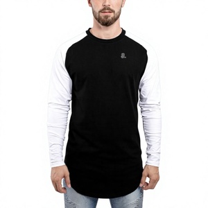 Men's Long Sleeve O-Neck Solid Color Cotton Jersey Breathable <b>T</b>-<b>Shirt</b> Front Logo Blank Contrast Trim Casual Style <b>White</b> Black - Product Image 1