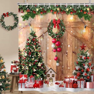 シャワーカーテン浴室バスカーテン冬クリスマスツリーデザイン木製納屋ドアパターン厚みのあるポリエステルシャワーカーテン - Product Image 4