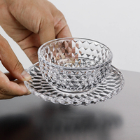 Ensemble de bols et soucoupes en verre sans plomb à motif diamant pour usage en restaurant, avec logo personnalisé, passe au lave-vaisselle, idéal pour les pâtisseries et les petits-déjeuners