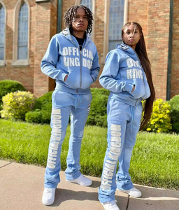 Üretilen Unisex yama nakış eşofman Jogger seti özel ağır güneş soluk yıkanmış yığılmış <span class=keywords><strong>Sweatpants</strong></span> ve Hoodie seti
