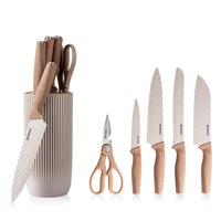 Lot de 6 couteaux de cuisine en acier inoxydable à grain de bois, revêtement antiadhésif, couteaux de chef ambidextres, bloc de rangement, faible MOQ, prêts à expédier