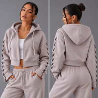 Sweat-shirt à capuche zippé court pour femme, en molleton épais, avec manches à lacets, épaules tombantes et poignets fendus, style streetwear, vente en gros