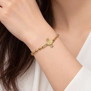 Cross <b>Medallion</b> Beaded Bracelet , Stainless Steel, 18K <b>Gold</b> Vacuum Plated, 170mm + 40mm - Product Image 5