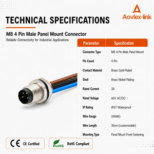 Conector Circular Macho M8 de Montaje en Panel con 4 Pines Personalizados y Cables de Conexión Rápida para Montaje Trasero o Frontal - Product Image 3