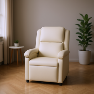 Sillón Reclinable de Cuero Sintético Crema, Giratorio Manual, Diseño Contemporáneo, Respaldo Ajustado, Brazos Acolchados, Estructura de Madera - Product Image 2