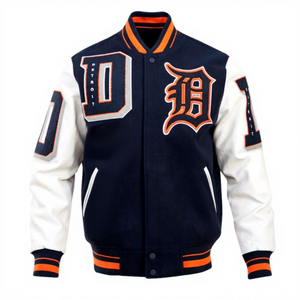 Chaqueta Varsity Azul Marino y Blanca para Hombre, Diseño con Parche Bordado con Logotipo D, Estilo Béisbol, Corte Regular, Cuello Alto, Estilo Urbano - Product Image 1
