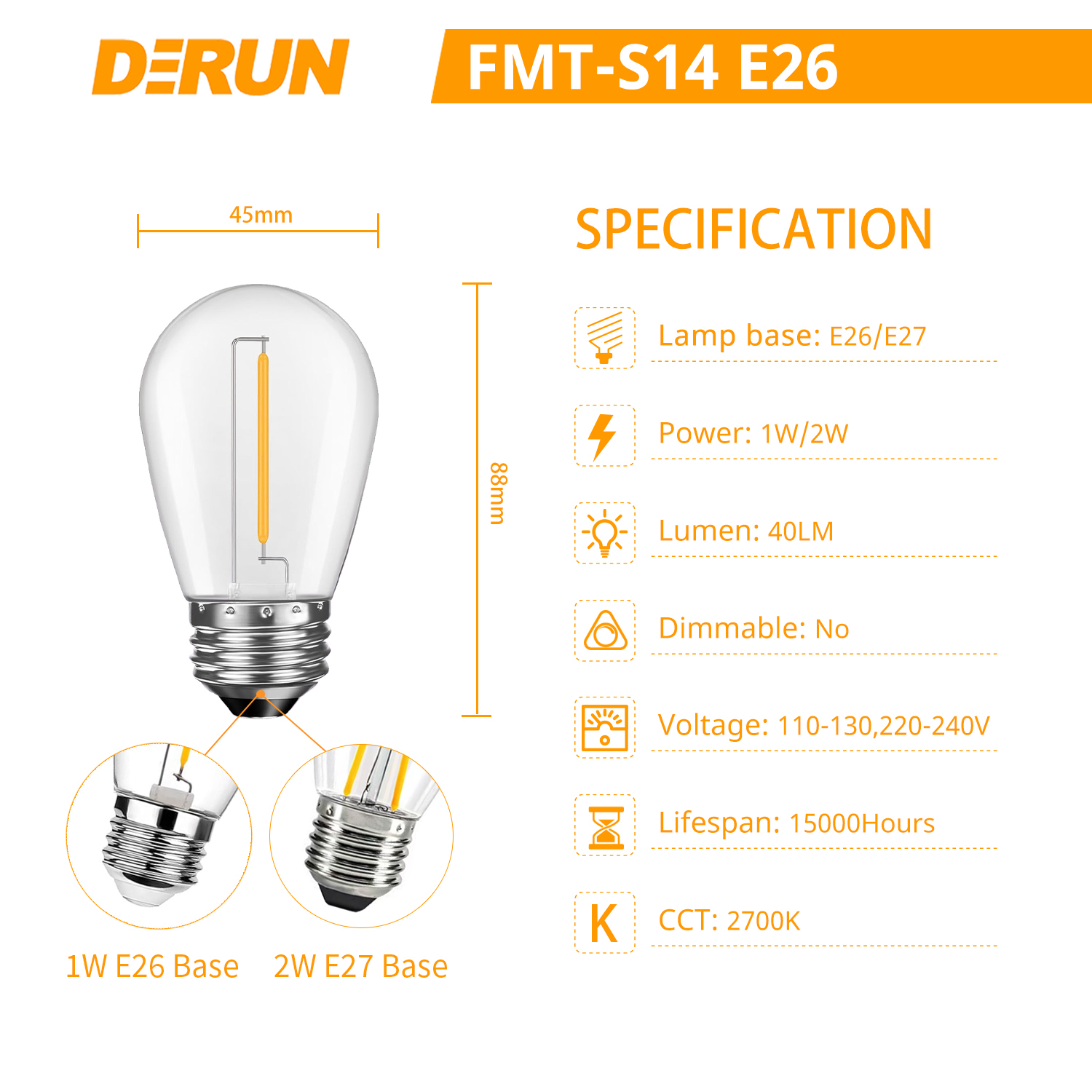Replace Incandescent Bulb PC Clear Cover 1W S14 E26 E27 1W 110V / 220V Non-DIM LED Filament Bulb for Courtyard Tent , FMT-S14
