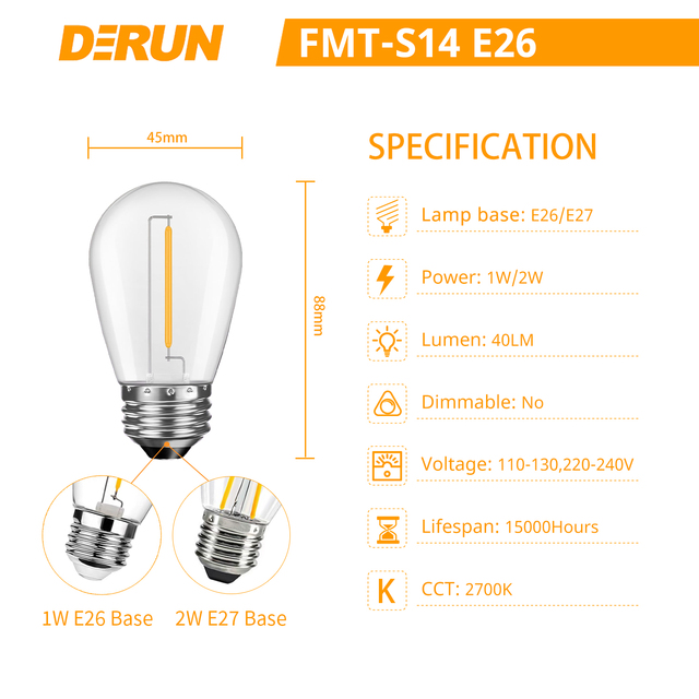 Replace Incandescent Bulb PC Clear Cover 1W S14 E26 E27 1W 110V / 220V Non-DIM LED Filament Bulb for Courtyard Tent , FMT-S14
