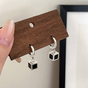 S925 Pure Silver Black Square Drop <b>Earrings</b> Geometric Bezel Setting Everyday Wear <b>Fine</b> Dangle <b>Earrings</b> - Product Image 2