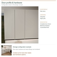 Meuble de cuisine stratifié, aménagement en L minimaliste, unités sur mesure, boîtes en panneaux mélaminés et tiroirs à fermeture amortie