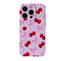 Coque de téléphone personnalisable rose motif cerise avec nœud, film de protection intégral à grandes perforations, deux-en-un pour iPhone 16 Pro Max, antichoc
