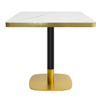 Table à manger carrée en pierre frittée veinée de marbre blanc, base à piétement unique en acier inoxydable noir et or bicolore