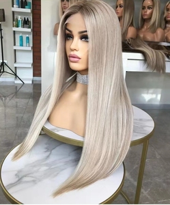 Perruques en cheveux humains européens en gros pour femmes blanches, <span class=keywords><strong>blond</strong></span> <span class=keywords><strong>platine</strong></span> avec mèches, dentelle transparente, sans colle, prêtes à porter - Product Image 1