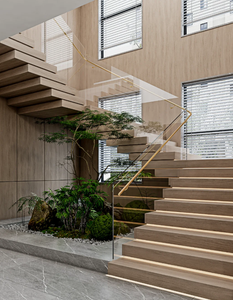 درج مكدس من الزجاج المقسى الخشب الصلب لوح فقي صخري رخامي درابزين الدرج مع مصباح ليد ستيرب قابل للتخصيص - Product Image 2