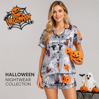 Ensemble de pyjama décontracté pour femme, Halloween, gris, en polyester satiné, imprimé citrouille et fantôme, manches courtes, short, 2 pièces, vente en gros