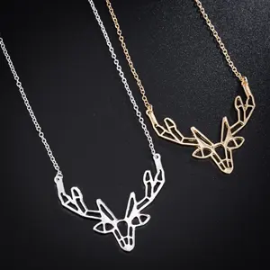 Hollow Origami Tanduk Kalung Unik Rusa Hewan Stainless Steel Liontin UNTUK WANITA Perhiasan Natal Origami Tanduk Kalung