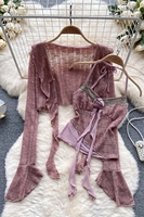 Ensemble tricoté Y2K Coquette pour femme : Caraco à applique rose et boléro court à manches longues à volants – Tenue Printemps-Été