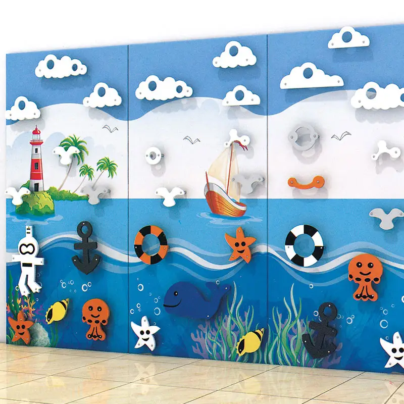 القياس معدات التسلق في الأماكن المغلقة الأزرق المحيط موضوع الاطفال جدار متسلق لرياض الأطفال غرفة النشاط في الأماكن المغلقة