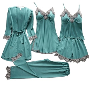 Conjunto de Lencería Sexy de Cinco Piezas de Satén para Verano, con Tirantes, Cierre Elástico en la Cintura, Largo hasta la Rodilla, Pijama para Mujer - Product Image 1