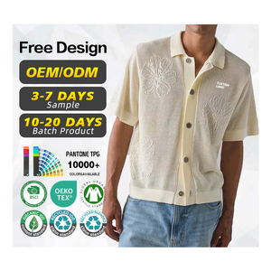 Pull en coton et laine pour homme, à manches courtes, à fleurs, tricoté, boutonné, polo, cardigan, avec logo personnalisé, certifié GRS - Product Image 1
