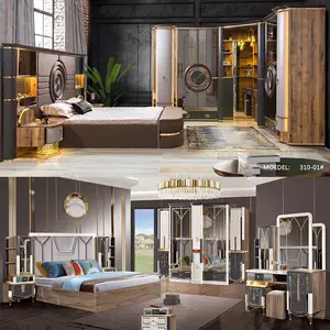 Diseño moderno, 5 uds., cama King Size de lujo, juego de muebles de dormitorio Mdf, armario grande de 7 puertas, juegos de dormitorio MDF de madera, muebles