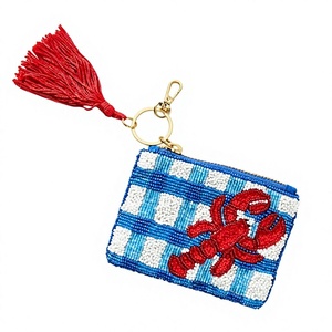 Beaded Rectangle Keychain Blue <b>White</b> Checkered Pattern Red Lobster Embroidery Zipper Closure Handmade Glass Beads - Product Image 1