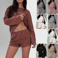 Ensemble deux pièces contrasté BR7037, rayé, col ample, manches longues, short à taille élastique, polyester
