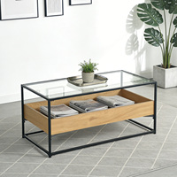 Table basse de salon en verre trempé au design épuré, avec structure en métal noir et rangement en bois, mobilier d'intérieur