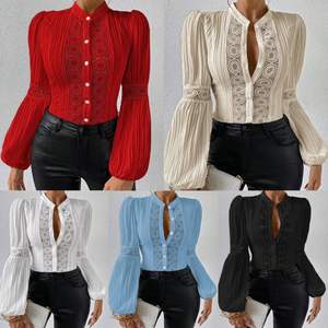 Women's Lace <b>Patchwork</b> Lantern Sleeve Solid Color Stand-up Collar <b>Shirt</b> Fashion - Product Image 1