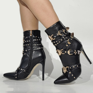 Women Stiletto Thin Heels Short <b>Boots</b> Big Size 47 Metal Decor Buckles Shoes Wide Fit Cross Belt Straps Booties - Product Image 1