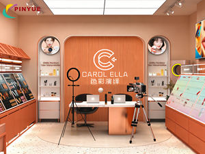 Mueble de Exhibición para Tienda de Cosméticos, Panel de Madera <span class=keywords><strong>con</strong></span> Iluminación LED, Vitrina de Pared, Diseño Interior para Sala de Transmisión en Vivo - Product Image 2