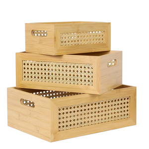 Juego de 3 Cestas de Almacenamiento de Bambú con Asas, Organizador Rectangular de Escritorio para Uso en el Hogar y la Oficina, Capacidad de 12L - Product Image 1