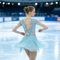 Robe de patinage artistique bleu clair pour enfants et adultes, manches courtes évasées, strass, pour compétition et spectacle de patinage sur glace