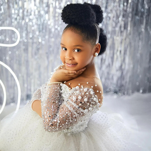 Bambine bianche abiti da ragazza fiore per matrimonio su misura collo trasparente maniche lunghe con paillettes in pizzo per festa di compleanno - Product Image 3