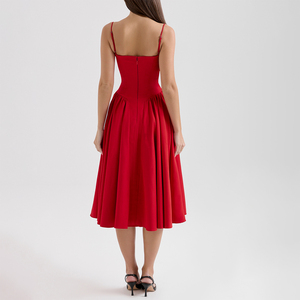 Abito Midi rosso raccolto per donna elegante elegante abito da Cocktail alla moda donna abbigliamento personalizzato fabbrica - Product Image 5