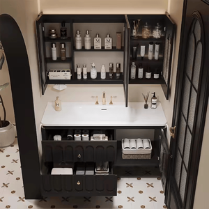 Black bathroom cabinet with makeup drawer LED backlit makeup <b>mirror</b> <b>for</b> storing cosmetics - Product Image 4