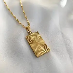 YWLY Bohemia Stainless Steel Charm 18K Gold Filled Sunburst Rectangle Pendant Necklace For Women Jewelry