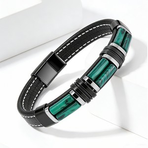 Bracciale da uomo in pelle nera autentica con pietre naturali geometriche di alta qualità, fatto a mano, per <span class=keywords><strong>coraggio</strong></span> e sollievo dallo stress. - Product Image 1