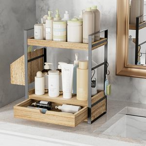 Organisateur de comptoir <span class=keywords><strong>en</strong></span> bois à 2 niveaux CF <span class=keywords><strong>pour</strong></span> cosmétiques, maquillage et produits de soin, avec tiroir, panier et 2 crochets - Product Image 1