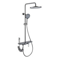 Colonne de douche chromée à touches de piano apparentes en cuivre, avec pommeau de pluie fin carré, douchette à main, étagère de rangement et LED
