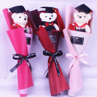 Buket boneka Dr Bear mawar bunga matahari kartun, untuk dekorasi pesta hadiah Hari Guru wisuda