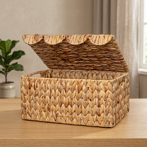 Panier de rangement rectangulaire artisanal en jacinthe d'eau, style bohème, tressé, pour jouets, pour salon, boîte artisanale en fibres naturelles - Product Image 2